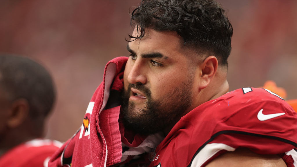 Quard Will Hernandez #76 of the Arizona Cardinals on the bench during the second half of the NFL ga...