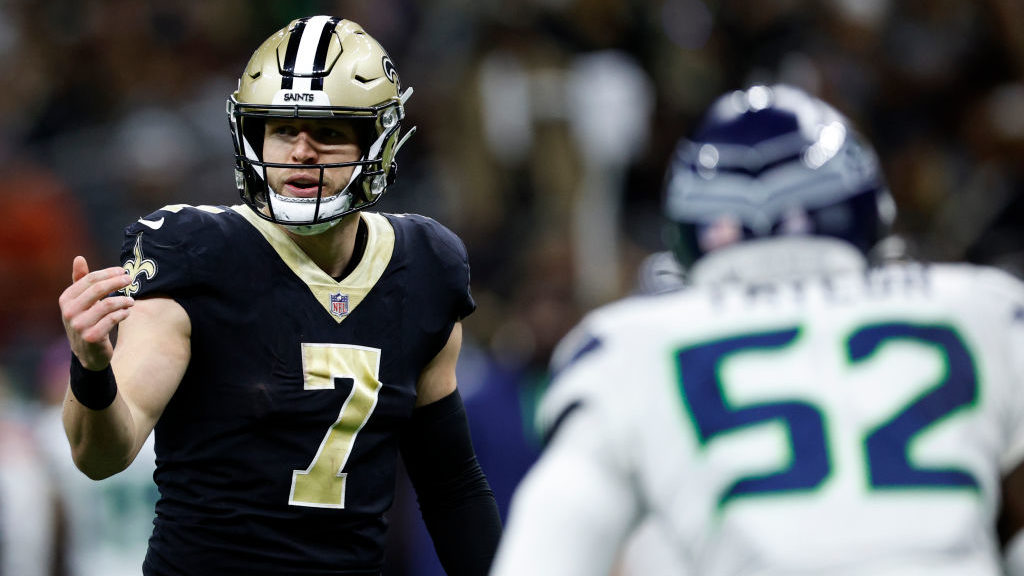 Taysom Hill #7 of the New Orleans Saints reacts after a touchdown against the Seattle Seahawks at C...