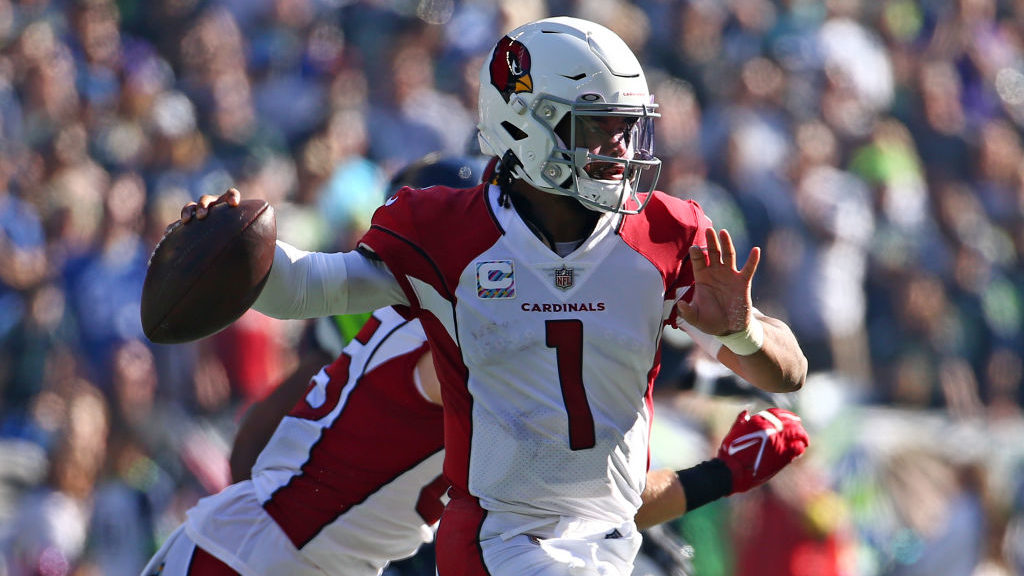Kyler Murray #1 of the Arizona Cardinals passes against the Seattle Seahawks during the first half ...