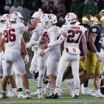 
              Stanford place-kicker Joshua Karty, center, celebrates with teammates after making a field goal during the second half of an NCAA college football game against Notre Dame in South Bend, Ind., Saturday, Oct. 15, 2022. Stanford won 16-14. (AP Photo/Nam Y. Huh)
            