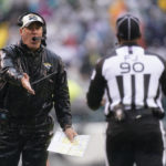 Jacksonville Jaguars' head coach Doug Pederson, left, shouts to a referee during the second half of an NFL football game against the Philadelphia Eagles on Sunday, Oct. 2, 2022, in Philadelphia. (AP Photo/Matt Rourke)