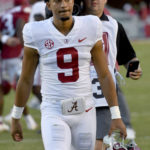 Alabama quarterback Bryce Young (9) heads to the locker room after playing Arkansas during an NCAA college football game Saturday, Oct. 1, 2022, in Fayetteville, Ark. (AP Photo/Michael Woods)