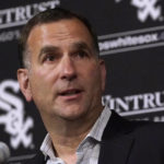 Rick Hahn, senior vice president/general manager of the Chicago White Sox, comments after manager Tony La Russa announced his retirement from the team due to medical reason before a baseball game between the White Sox and the Minnesota Twins, Monday, Oct. 3, 2022, in Chicago. (AP Photo/Charles Rex Arbogast)