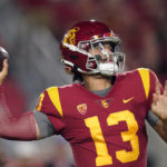 Southern California quarterback Caleb Williams passes during the first half of an NCAA college football game against Arizona State Saturday, Oct. 1, 2022, in Los Angeles. (AP Photo/Mark J. Terrill)