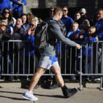 
              Injured Kentucky quarterback Will Levis greets fans before an NCAA college football game against South Carolina in Lexington, Ky., Saturday, Oct. 8, 2022. (AP Photo/Michael Clubb)
            
