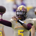Arizona State quarterback Emory Jones warms up prior to an NCAA college football game against Washington in Tempe, Ariz., Saturday, Oct. 8, 2022. (AP Photo/Ross D. Franklin)