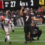 Atlanta Falcons place kicker Younghoe Koo (7) kicks a field goal against the Cleveland Browns during the second half of an NFL football game, Sunday, Oct. 2, 2022, in Atlanta. (AP Photo/John Amis)