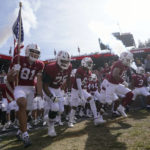 Stanford players run onto the field before an NCAA college football game against Arizona State in Stanford, Calif., Saturday, Oct. 22, 2022. (AP Photo/Jeff Chiu)