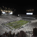 
              Penn State takes the field for an NCAA college football game against Minnesota amidst a "Whiteout" crowd at Beaver Stadium, Saturday, Oct. 22, 2022, in State College, Pa. (AP Photo/Barry Reeger)
            