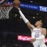 
              Oklahoma City Thunder forward Darius Bazley goes up to shoot in the first half of an NBA basketball game against the Los Angeles Clippers, Thursday, Oct. 27, 2022, in Oklahoma City. (AP Photo/Kyle Phillips)
            