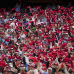 
              Fans cheer during the first inning in Game 5 of the baseball NL Championship Series between the San Diego Padres and the Philadelphia Phillies on Sunday, Oct. 23, 2022, in Philadelphia. (AP Photo/Brynn Anderson)
            