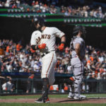 San Francisco Giants' J.D. Davis heads to the dugout after hitting a solo home run against the Arizona Diamondbacks during the sixth inning of a baseball game in San Francisco, Saturday, Oct. 1, 2022. (AP Photo/Godofredo A. Vásquez)