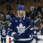 Toronto Maple Leafs left wing Pierre Engvall (47) takes part in warmups before NHL hockey game action against the Arizona Coyotes in Toronto, Monday, Oct. 17, 2022. (Alex Lupul/The Canadian Press via AP)