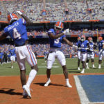 Florida wide receiver Justin Shorter (4) celebrates with wide receiver Xzavier Henderson (3) in the end zone after Shorter scored on a 75-yard pass play during the first half of an NCAA college football game against Eastern Washington, Sunday, Oct. 2, 2022, in Gainesville, Fla. (AP Photo/Phelan M. Ebenhack)