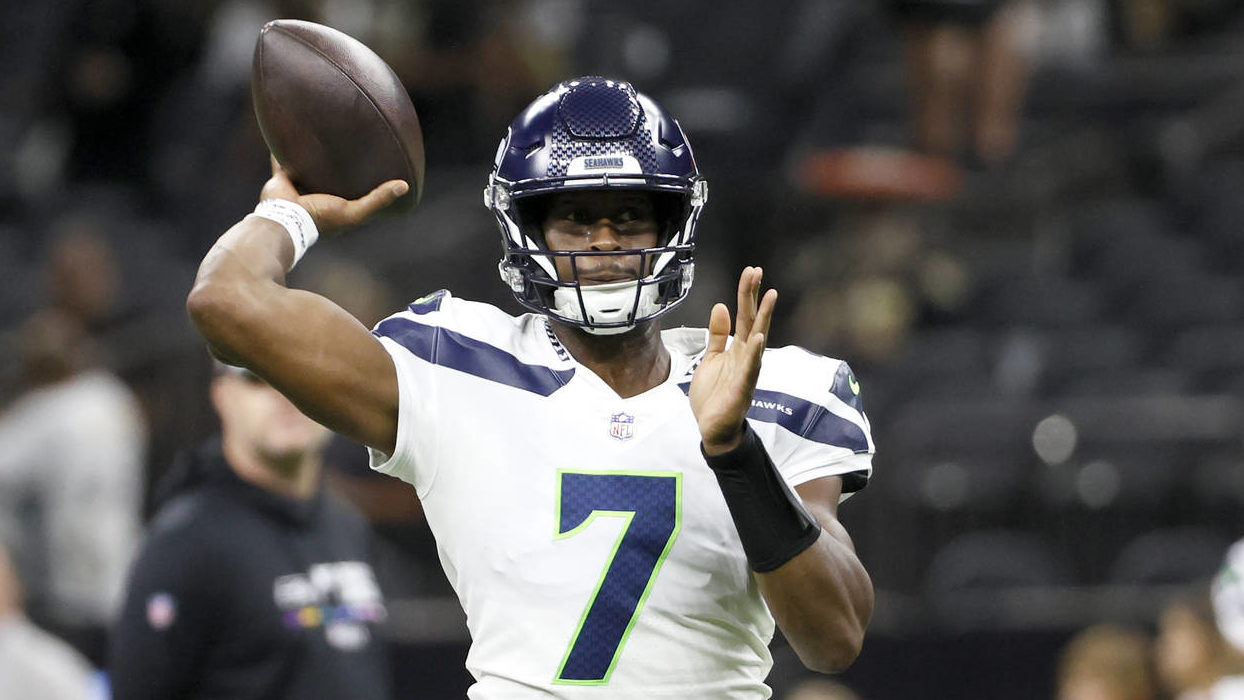 Seattle Seahawks quarterback Geno Smith warms up before an NFL football game against the New Orlean...