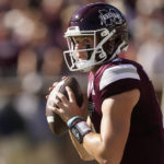 Mississippi State quarterback Will Rogers sets up to pass against Texas A&M during the first half of an NCAA college football game in Starkville, Miss., Saturday, Oct. 1, 2022. (AP Photo/Rogelio V. Solis)