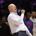 
              Los Angeles Clippers owner Steve Ballmer welcomes fans to a preseason NBA basketball game against the Portland Trail Blazers, Monday, Oct. 3, 2022, in Seattle. (AP Photo/ John Froschauer)
            