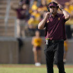 Arizona State interim head coach Shaun Aguano looks on during the second half of an NCAA college football game against Stanford in Stanford, Calif., Saturday, Oct. 22, 2022. (AP Photo/Jeff Chiu)