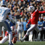New England Patriots place kicker Nick Folk (6) kicks a field goal as Detroit Lions cornerback Bobby Price (27) tries to defend during the first half an NFL football game, Sunday, Oct. 9, 2022, in Foxborough, Mass. (AP Photo/Michael Dwyer)