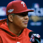 Philadelphia Phillies starting pitcher Ranger Suarez speaks during a news conference ahead of Game 3 of the baseball National League Championship Series against the San Diego Padres, Thursday, Oct. 20, 2022, in Philadelphia. (AP Photo/Matt Rourke)