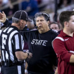 Mississippi State coach Mike Leach argues a call during the first half of the team's NCAA college football game against Alabama, Saturday, Oct. 22, 2022, in Tuscaloosa, Ala. (AP Photo/Vasha Hunt)