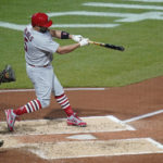 St. Louis Cardinals' Albert Pujols hits a two-run single against the Pittsburgh Pirates during the third inning of a baseball game Tuesday, Oct. 4, 2022, in Pittsburgh. (AP Photo/Keith Srakocic)
