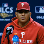 Philadelphia Phillies starting pitcher Ranger Suarez speaks during a news conference ahead of Game 3 of the baseball National League Championship Series against the San Diego Padres, Thursday, Oct. 20, 2022, in Philadelphia. (AP Photo/Matt Rourke)