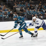 
              San Jose Sharks defenseman Erik Karlsson takes a shot to score against the Tampa Bay Lightning left wing Nicholas Paul (20) in the first period of an NHL hockey game, Saturday, Oct. 29, 2022, in San Jose, Calif., Saturday, Oct. 29, 2022. (AP Photo/Josie Lepe)
            