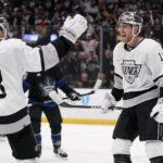 Los Angeles Kings center Gabriel Vilardi, right, celebrates his goal with defenseman Matt Roy during the second period of an NHL hockey game against the Toronto Maple Leafs Saturday, Oct. 29, 2022, in Los Angeles. (AP Photo/Mark J. Terrill)