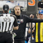 
              Carolina Panthers head coach Matt Rhule yells at line judge Mike Dolce during the first half an NFL football game against the San Francisco 49ers on Sunday, Oct. 9, 2022, in Charlotte, N.C. (AP Photo/Rusty Jones)
            