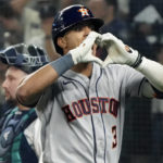Houston Astros' Jeremy Pena celebrates after hitting a home run against the Seattle Mariners during the 18th inning in Game 3 of an American League Division Series baseball game Saturday, Oct. 15, 2022, in Seattle. (AP Photo/Ted S. Warren)