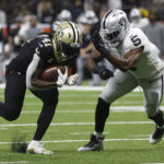 
              New Orleans Saints running back Alvin Kamara (41) breaks away from Las Vegas Raiders linebacker Divine Deablo (5) for a touchdown run during the first half of an NFL football game Sunday, Oct. 30, 2022, in New Orleans. (AP Photo/Rusty Costanza)
            