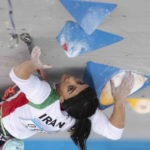 
              Iranian athlete Elnaz Rekabi competes during the women's Boulder & Lead final during the IFSC Climbing Asian Championships in Seoul, Sunday, Oct. 16, 2022. Rekabi left South Korea on Tuesday, Oct. 18, 2022 after competing at an event in which she climbed without her nation's mandatory headscarf covering, authorities said. Farsi-language media outside of Iran warned she may have been forced to leave early by Iranian officials and could face arrest back home, which Tehran quickly denied. (Rhea Khang/International Federation of Sport Climbing via AP)
            