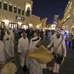 
              FILE - Qatari musicians perform traditional songs at Souq Waqif in Doha, Qatar, Thursday, April 25, 2019. Qatar is a devoutly apolitical place, with speech and assembly heavily restricted and a large population of foreign workers who could lose their livelihoods if they cause a stir. But that could change next month, when an estimated 1.2 million soccer fans descend on the tiny Gulf Arab nation for the World Cup. (AP Photo/Kamran Jebreili, File)
            