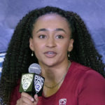 
              FILE - Stanford's Haley Jones speaks during Pac-12 Conference NCAA college basketball media day Tuesday, Oct. 12, 2021, in San Francisco. Jones was named to the women's Associated Press preseason All-America team, Tuesday, Oct. 25, 2022. (AP Photo/Jeff Chiu, File)
            
