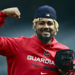 Cleveland Guardians relief pitcher Emmanuel Clase gestures during a workout, Thursday, Oct. 6, 2022, in Cleveland, the day before their a MLB wild card baseball playoff game against the Tampa Bay Rays. (AP Photo/David Dermer)