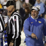 Pittsburgh head coach Pat Narduzzi yells at the officials during the second half of an NCAA college football game against North Carolina in Chapel Hill, N.C., Saturday, Oct. 29, 2022. (AP Photo/Chris Seward)