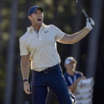 
              Rory McIlroy, of Northern Ireland, reacts to his shot off the 17th tee during the third round of the CJ Cup golf tournament Saturday, Oct. 22, 2022, in Ridgeland, SC (AP Photo/Stephen B. Morton)
            