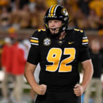 
              Missouri place kicker Harrison Mevis celebrates after making a 41-yard field goal during the first half of an NCAA college football game against Georgia Saturday, Oct. 1, 2022, in Columbia, Mo. (AP Photo/L.G. Patterson)
            