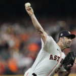 
              Houston Astros starting pitcher Justin Verlander throws during the first inning in Game 1 of baseball's World Series between the Houston Astros and the Philadelphia Phillies on Friday, Oct. 28, 2022, in Houston. (AP Photo/Eric Gay)
            