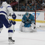 Tampa Bay Lightning left wing Alex Killorn scores a goal against the San Jose Sharks goaltender James Reimer in the second period of an NHL hockey game, Saturday, Oct. 29, 2022, in San Jose, Calif., Saturday, Oct. 29, 2022. (AP Photo/Josie Lepe)