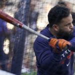Houston Astros' Jose Altuve takes batting practice before Game 3 of an American League Championship baseball series against the New York Yankees, Saturday, Oct. 22, 2022, in New York. (AP Photo/John Minchillo)
