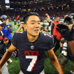 
              Atlanta Falcons place kicker Younghoe Koo is celebrates after kicking a field goal overtime of an NFL football game to defeat the Carolina Panthers 37-34 Sunday, Oct. 30, 2022, in Atlanta. (AP Photo/John Amis)
            
