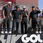 
              From left to right, Dustin Johnson, Patrick Reed, Talor Gooch and Pat Perez celebrate after the 4 Aces GC won the LIV Golf Team Championship at Trump National Doral Golf Club, Sunday, Oct. 30, 2022, in Doral, Fla. (AP Photo/Lynne Sladky)
            