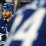 Toronto Maple Leafs defenseman TJ Brodie (78) attends warmups before NHL hockey game action against the Arizona Coyotes in Toronto, Monday, Oct. 17, 2022. (Alex Lupul/The Canadian Press via AP)