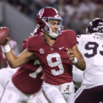 
              Alabama quarterback Bryce Young (9) throws the ball during the first half of the team's NCAA college football game against Mississippi State, Saturday, Oct. 22, 2022, in Tuscaloosa, Ala. (AP Photo/Vasha Hunt)
            