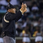 Army head coach Jeff Monken directs his team against Wake Forest during the first half of an NCAA college football game in Winston-Salem, N.C., Saturday, Oct. 8, 2022. (AP Photo/Chuck Burton)