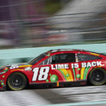 Kyle Busch (18) drives during NASCAR Cup Series practice at Homestead-Miami Speedway, Saturday, Oct. 22, 2022, in Homestead, Fla. (AP Photo/Lynne Sladky)