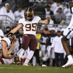 
              Minnesota's Matthew Trickett (95) kicks a field goal against Penn State during the first half of an NCAA college football game Saturday, Oct. 22, 2022, in State College, Pa. (AP Photo/Barry Reeger)
            