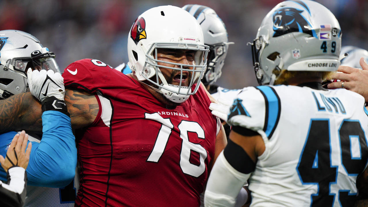 Arizona Cardinals guard Will Hernandez reacts during the second half of an NFL football game agains...